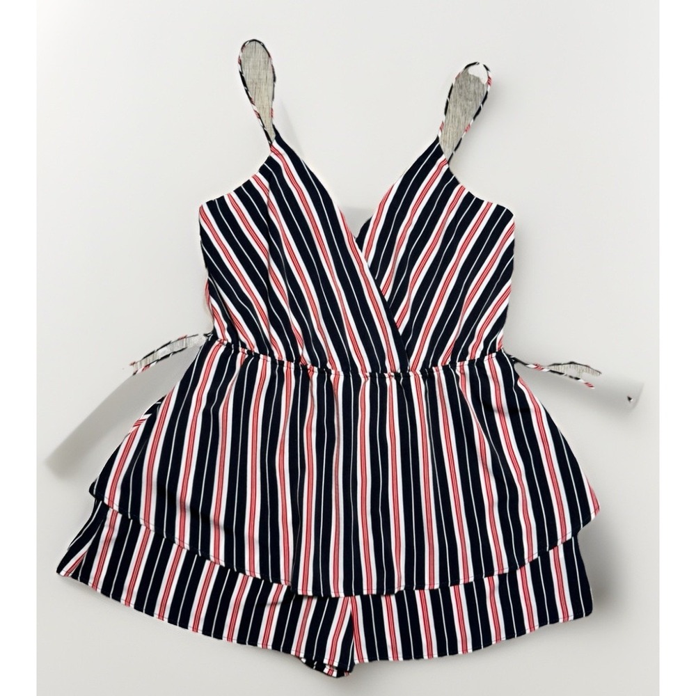 Vintage Shoppe Romper S-L Spaghetti Strap Faux Wrap Striped Red White & Blue - Picture 2 of 8